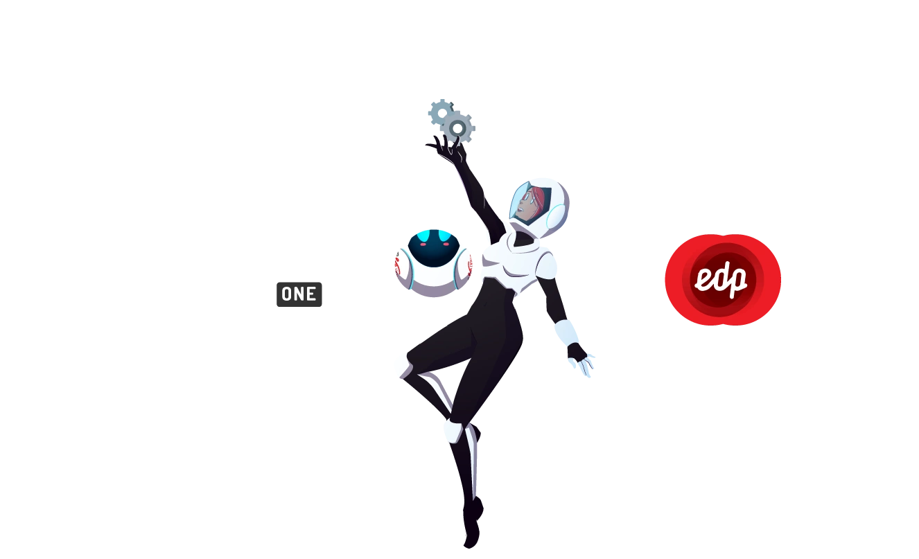 Ilustração de astronauta com engrenagens ao lado dos logos EDP e Stratws One