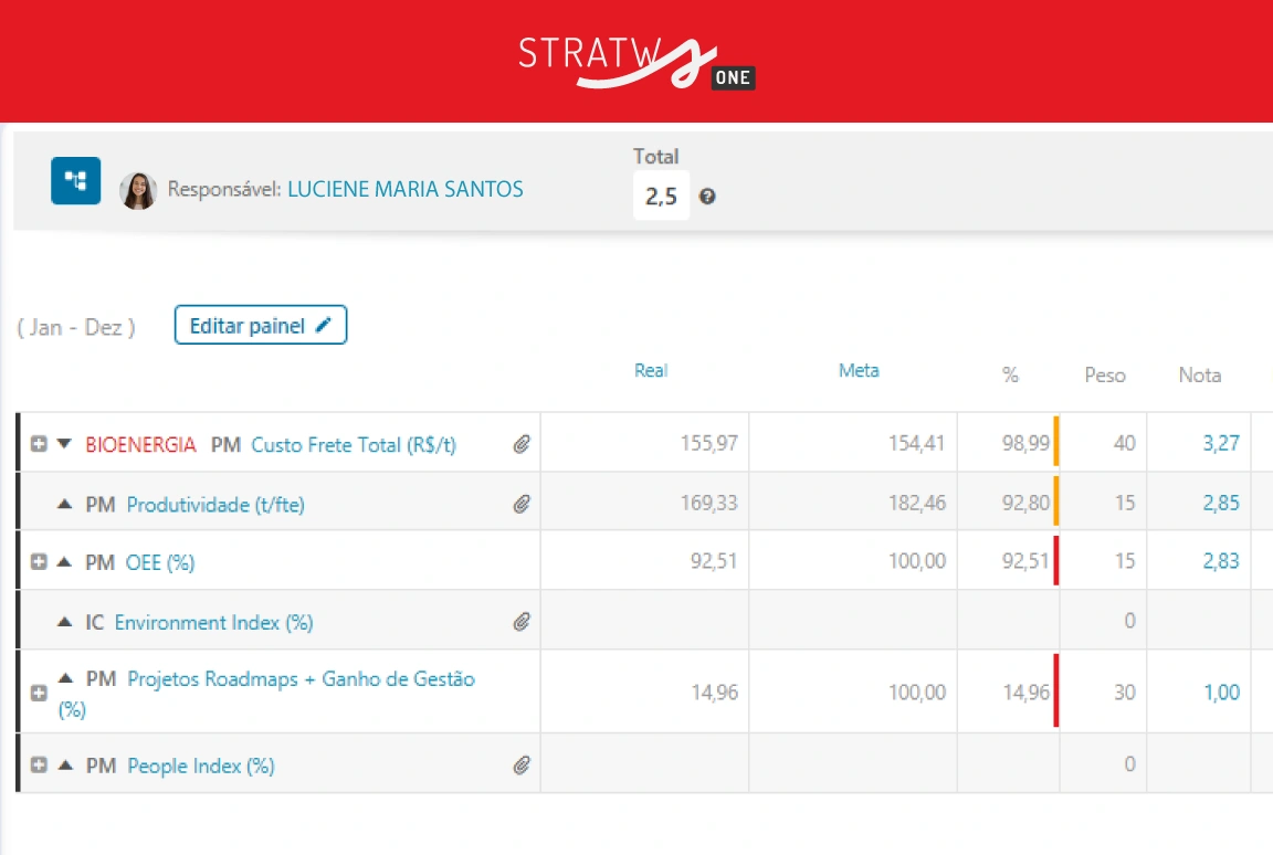 Exemplo de painel de desempenho individual na plataforma Stratws One, mostrando metas, resultados, percentuais de atingimento e notas por indicador.